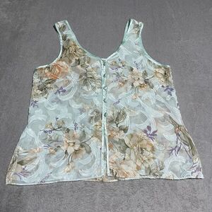 Vintage 90s Cottage Granny‎ Sheer Mesh Floral Button Down Tank Womens Large